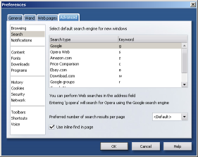 Search preferences dialog